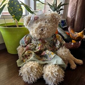 Avon Cream Curly Plush Teddy Bear in Floral Dress